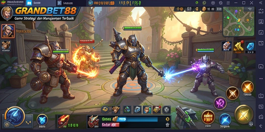 Tampilan gameplay menyerupai pertarungan strategi dan manajemen yang mendebarkan.