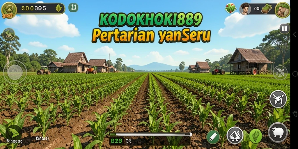 Tampilan gameplay KODOKHOKI889 yang menampilkan kebun yang subur dan hewan ternak.